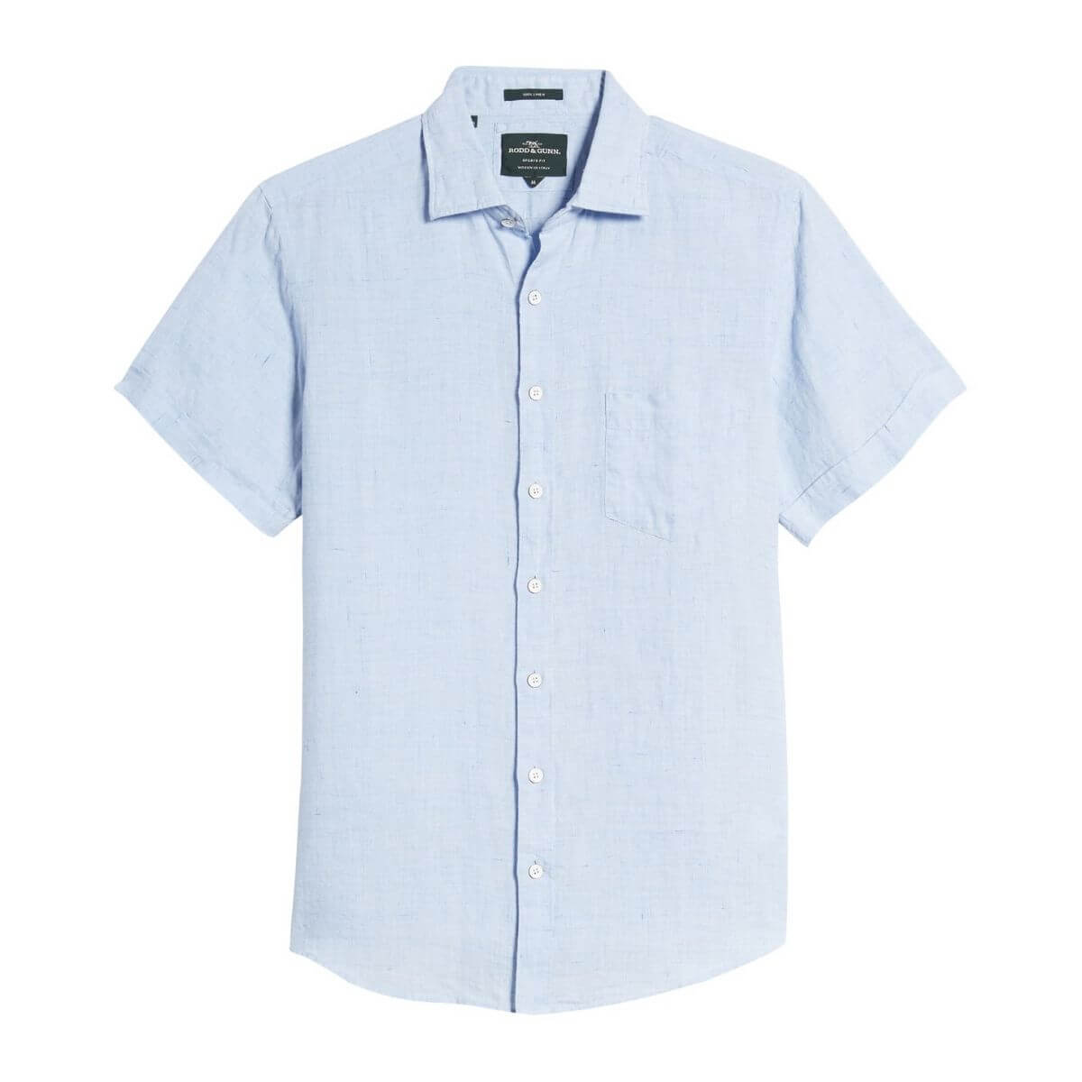 Light blue linen button-down shirt.