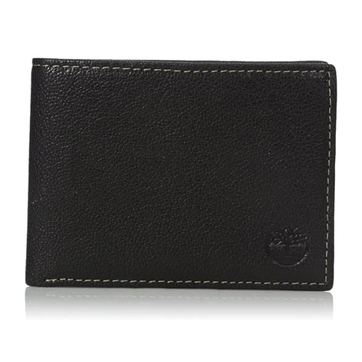 Black leather wallet with white seams.