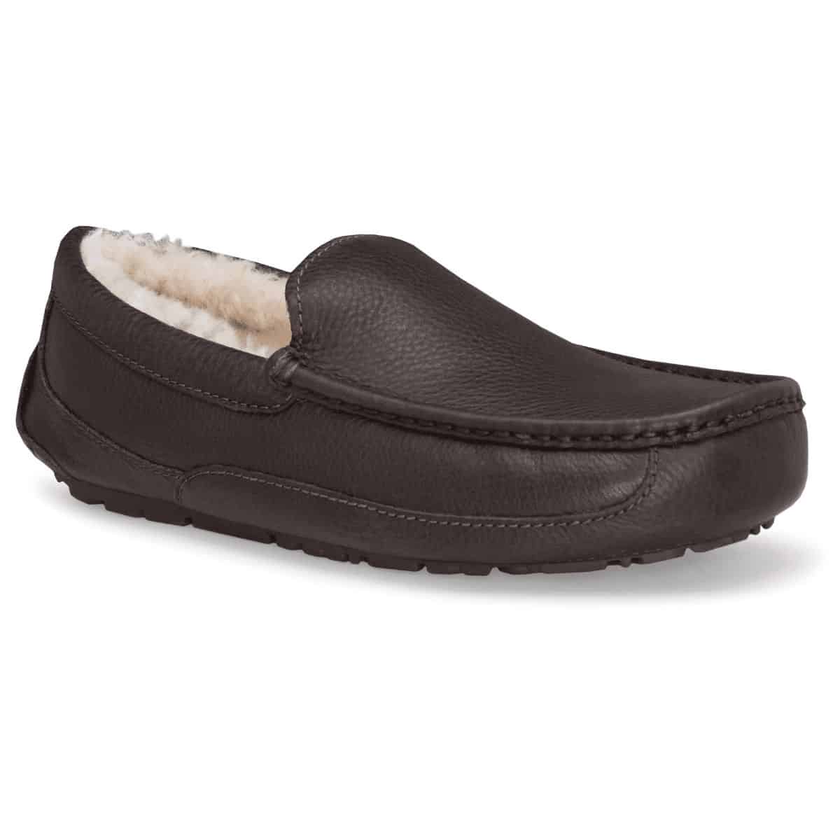 Brown leather moccassin slipper.