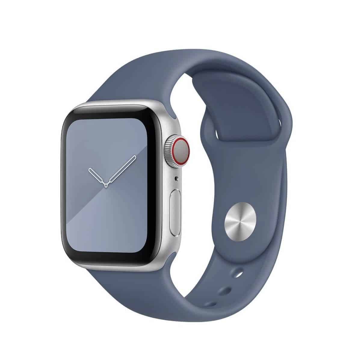 Apple Watch with a blue silicone band.