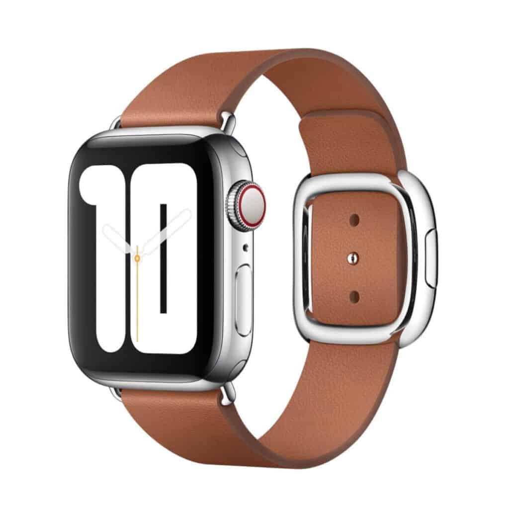 Apple Watch with a brown leather band.