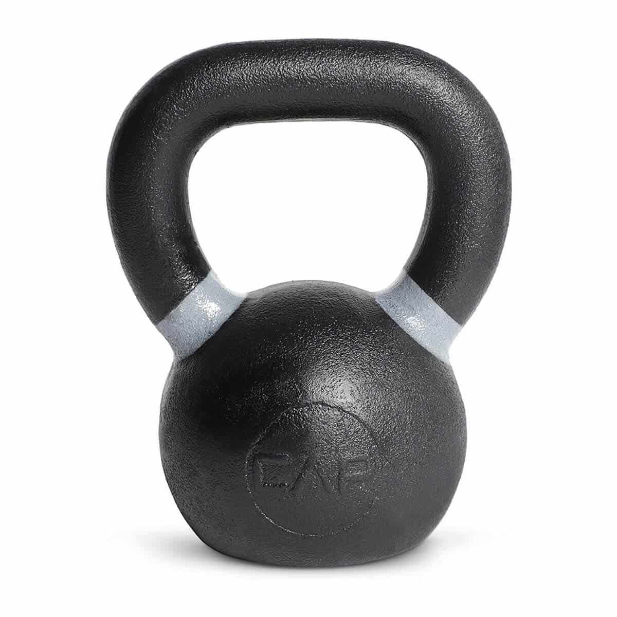 Black kettlebell with grey rings.