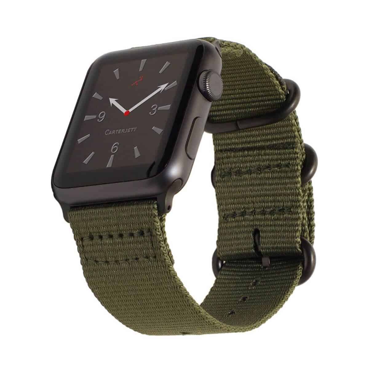 Apple Watch with an olive green nylon band.