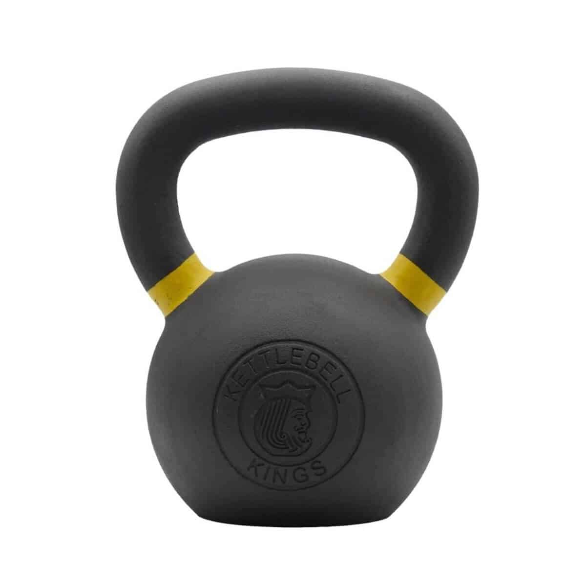 Black kettlebell with yellow rings.