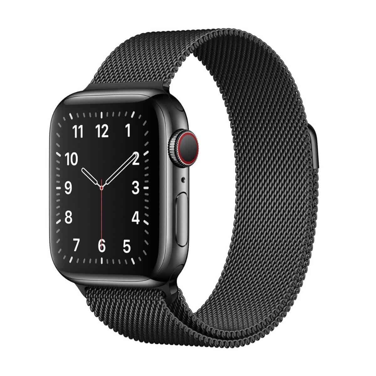 Apple Watch with a black Milanese Loop band.