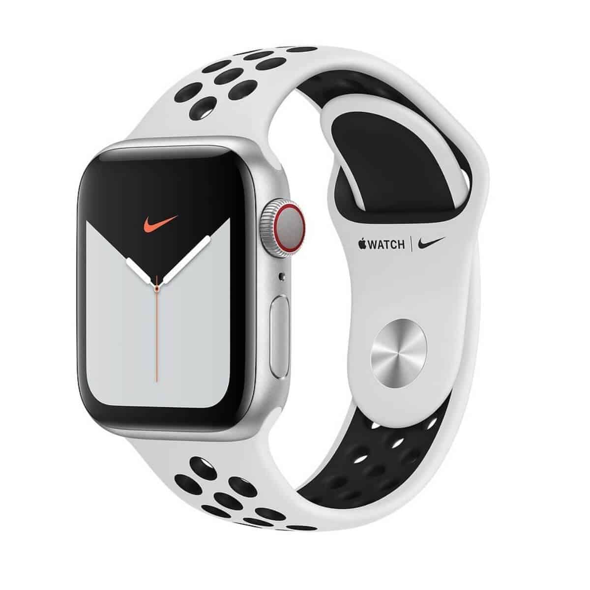 Apple Watch with a white and black Nike Sport band.