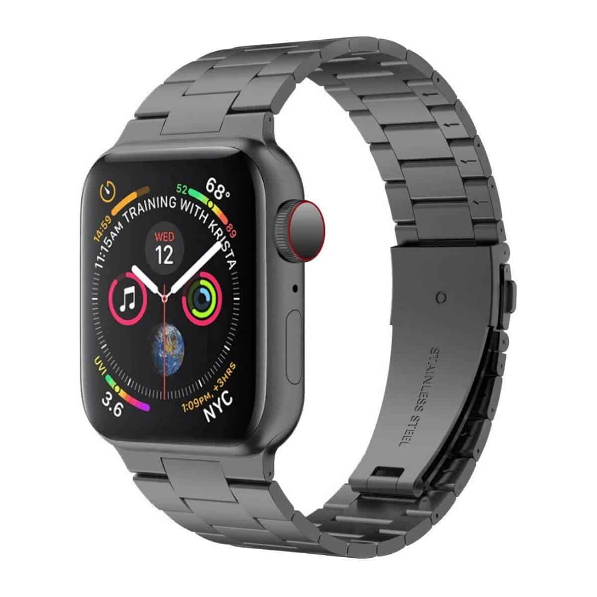 Apple Watch with a grey stainless steel band.