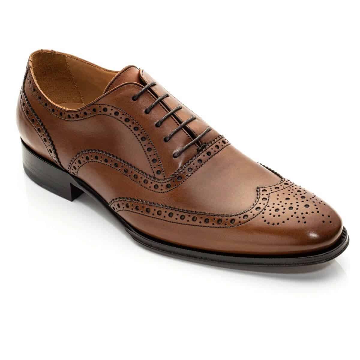 Cognac wingtip Oxford shoe.