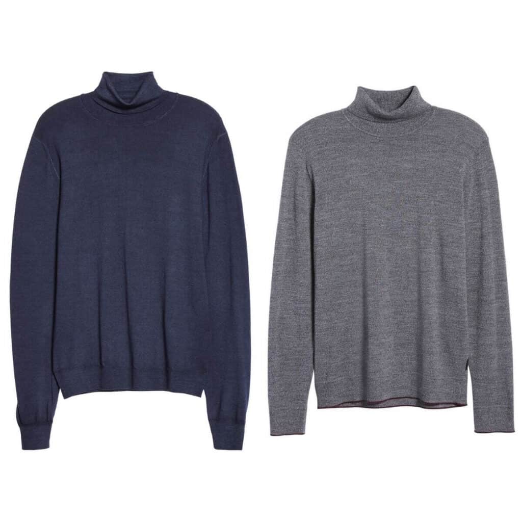 Two turtleneck sweaters, one in navy and one in grey.
