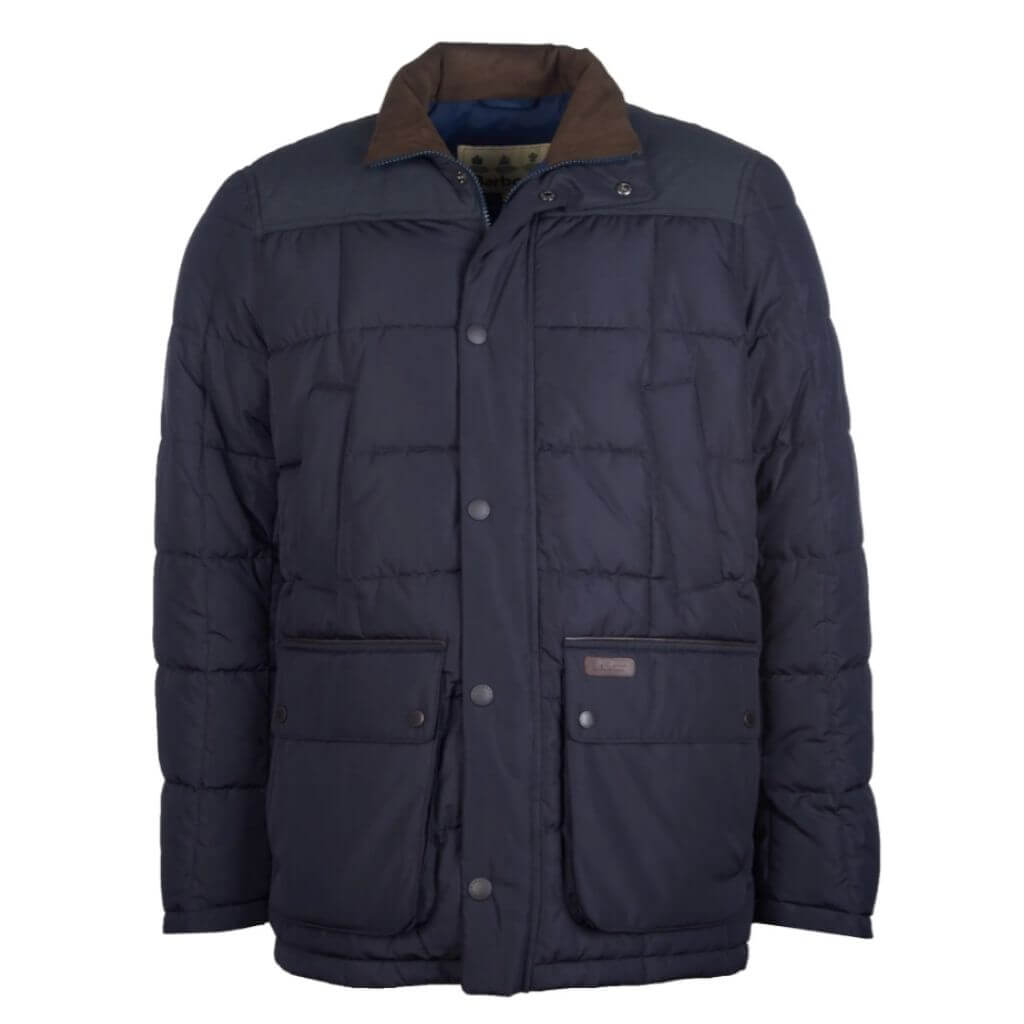 Navy blue quilted puffer jacket.