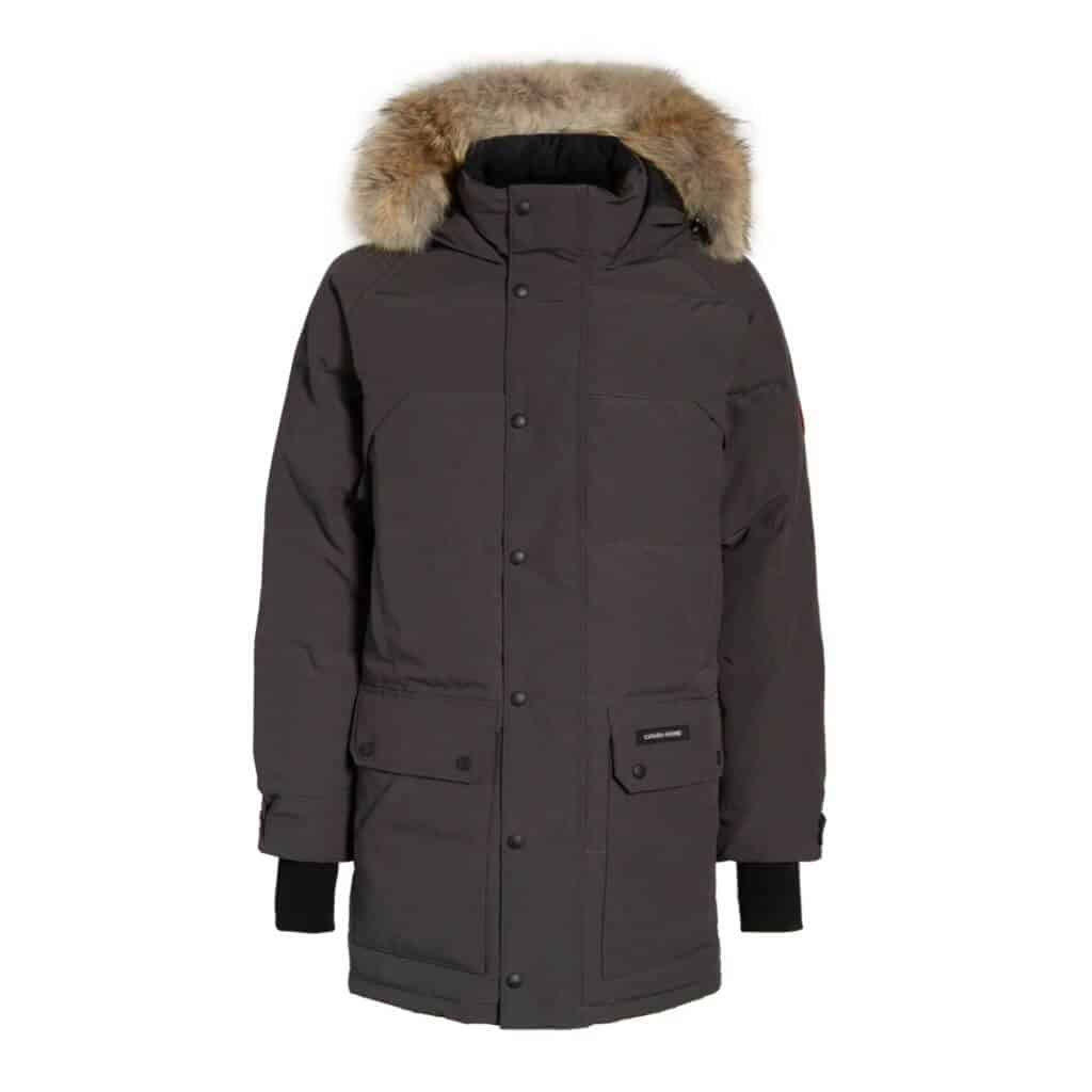 Grey Canada Goose parka with a fur hood.