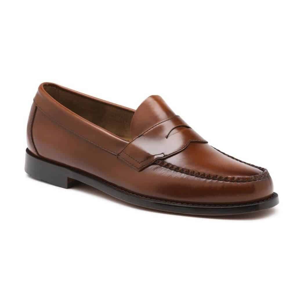 Brown leather penny loafer.