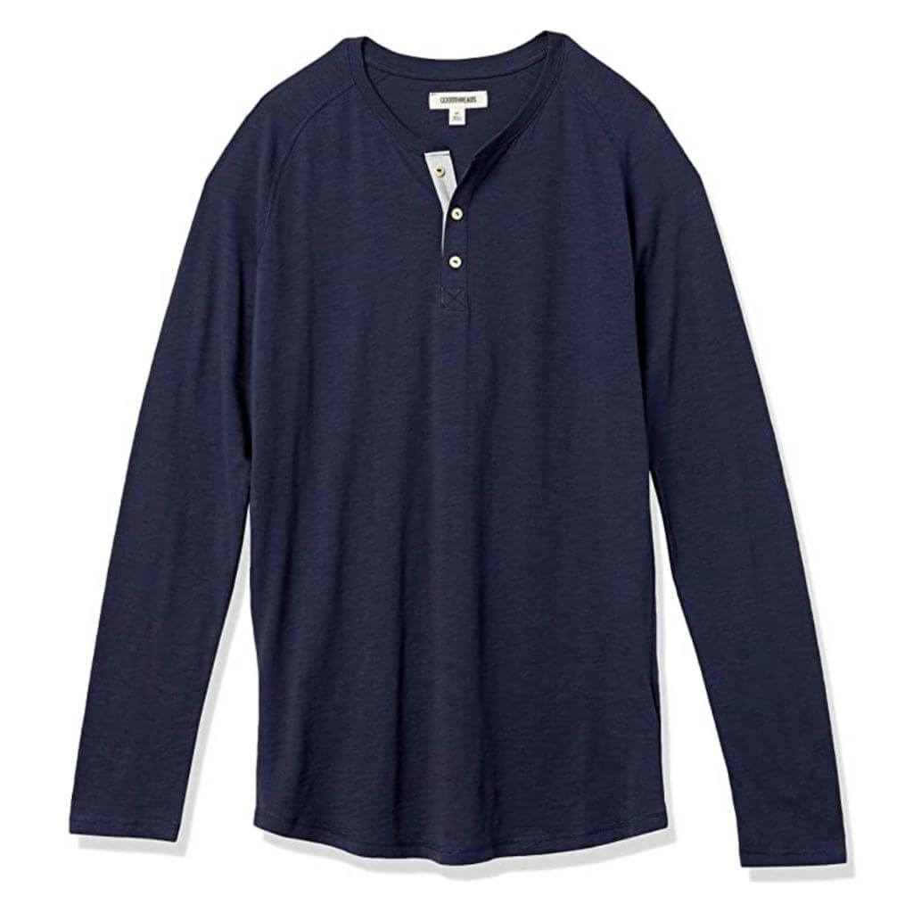 Navy blue henley long-sleeve shirt.