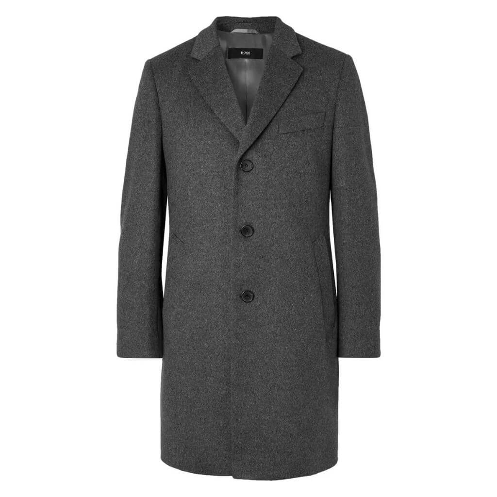 Dark grey Hugo Boss wool and cashmere overcoat.