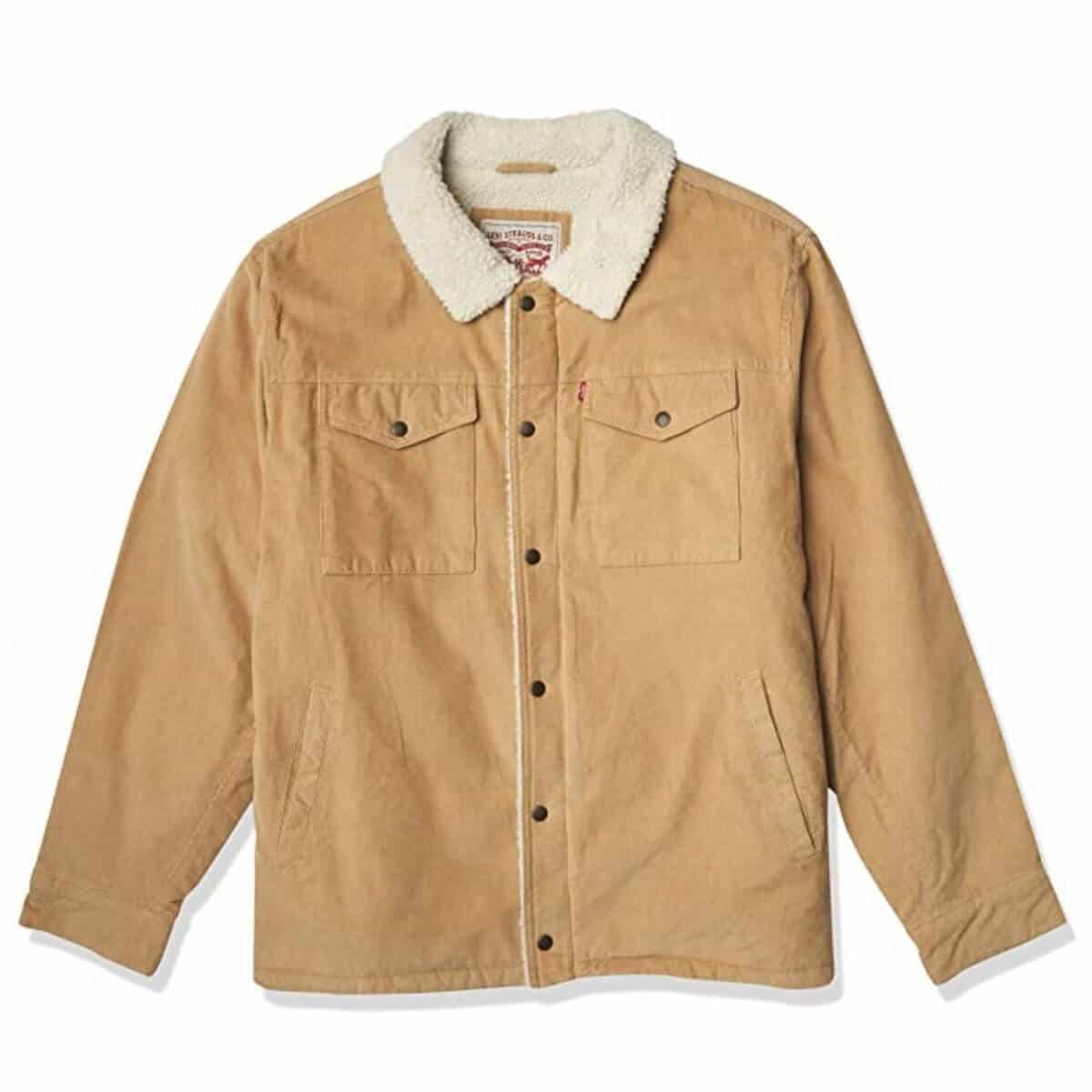 Tan corduroy trucker jacket with sherpa lining.