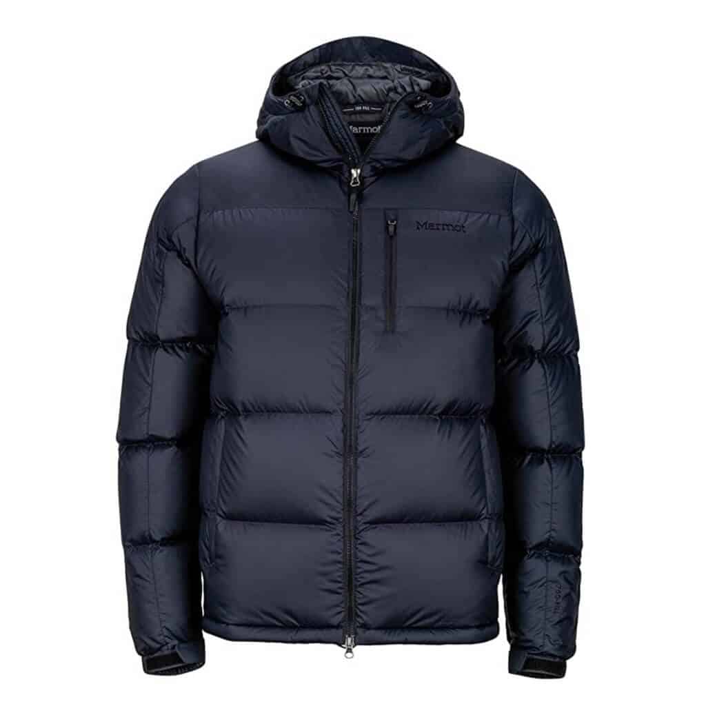 Black Marmot down hooded jacket.