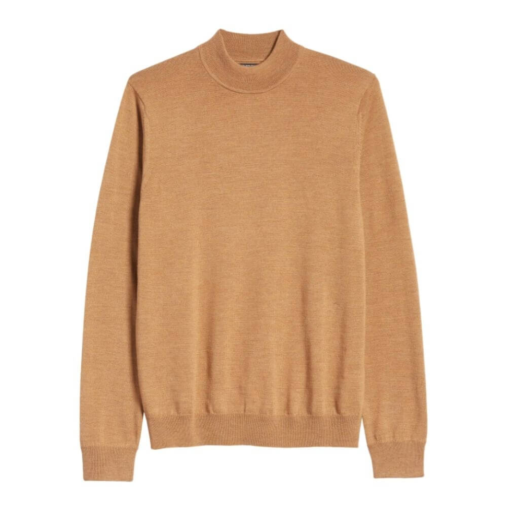 Brown mock neck sweater.