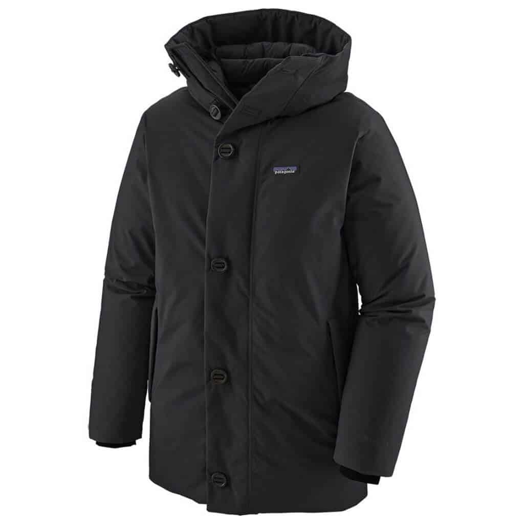 Black Patagonia parka with button closure.