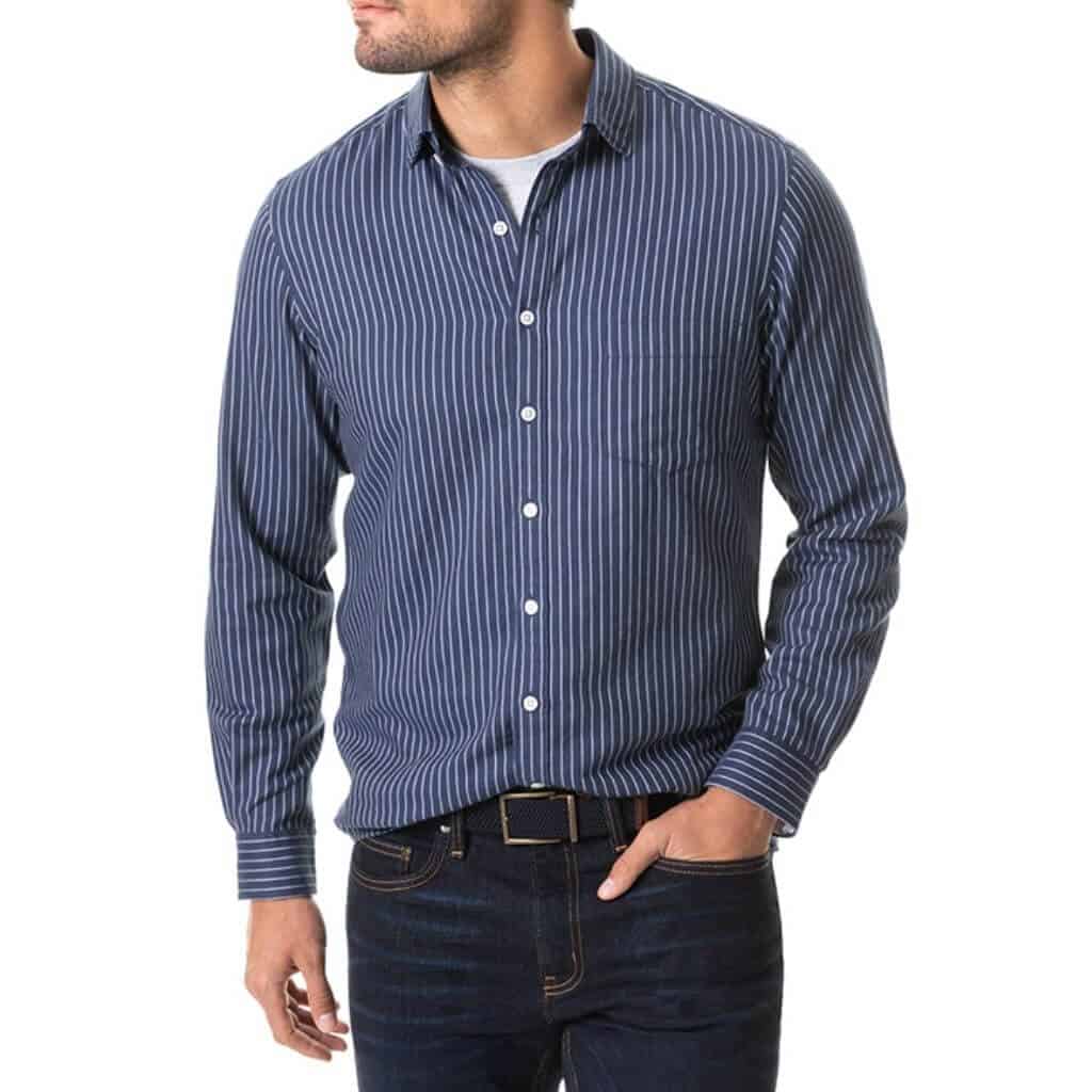 Blue and white striped button-up shirt.