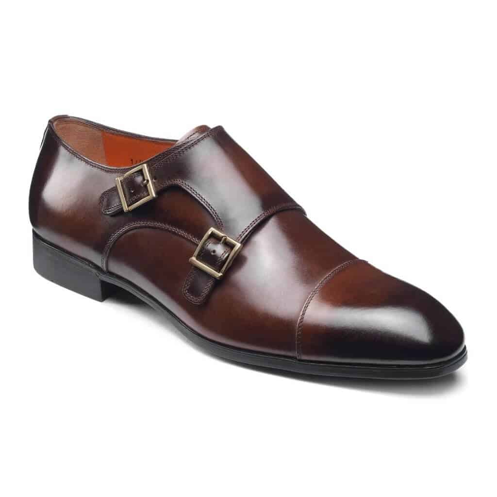 Dark brown double monk strap shoe.