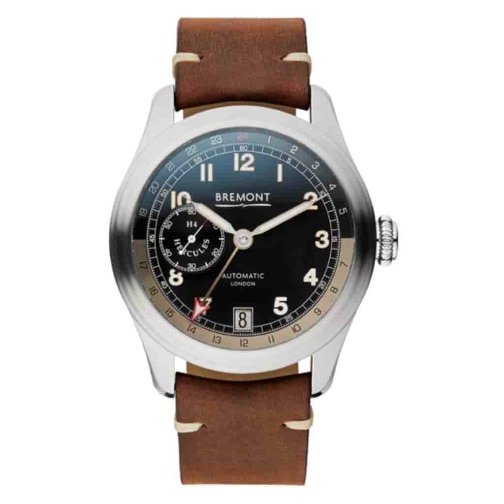 Bremont Hercules watch with a brown leather strap.