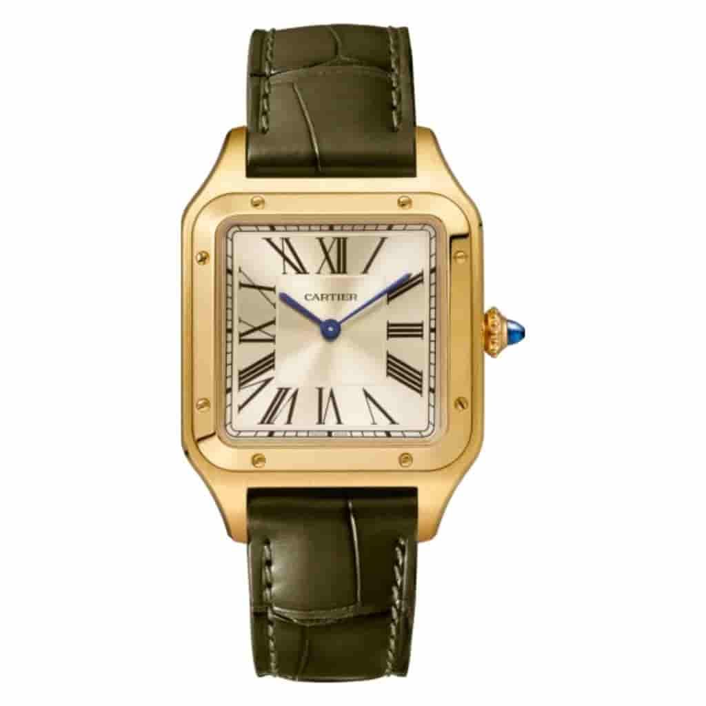 Cartier Santos-Dumont watch with a dark green leather strap and gold case.