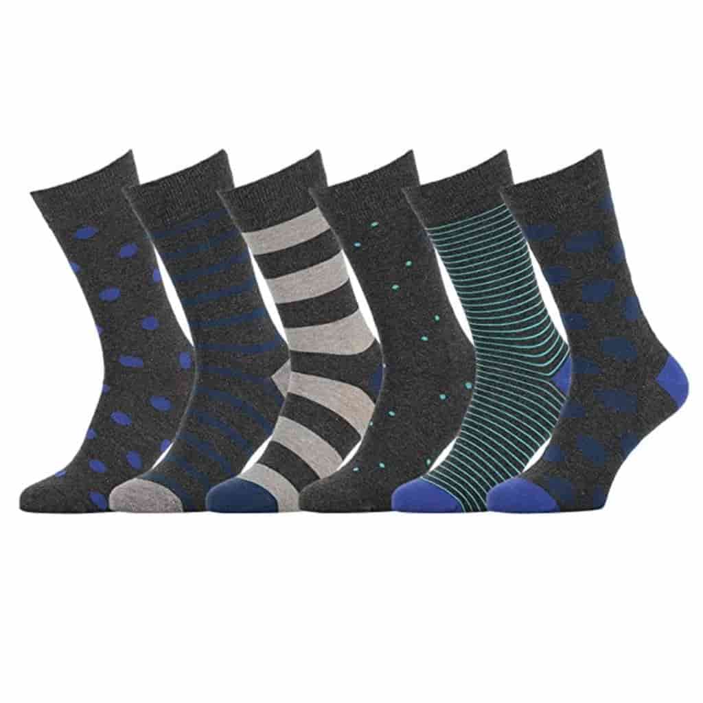 Six charcoal grey dress socks with different patterns.