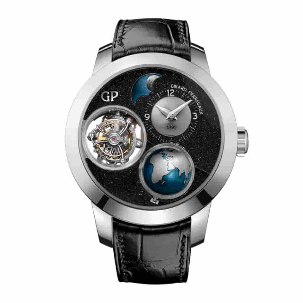 Girard-Perragaux Planetarium Tri-Axial Tourbillon watch with a black leather strap.