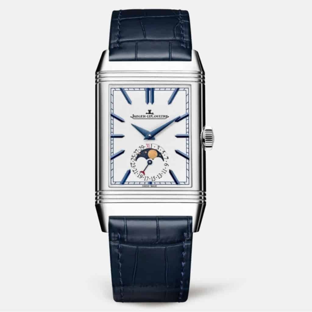 Jaeger-LeCoultre Reverso watch with a dark blue leather strap.