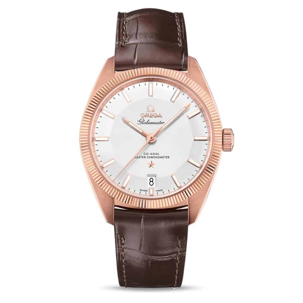 Omega Globemaster watch with a brown leather strap and rose gold case.