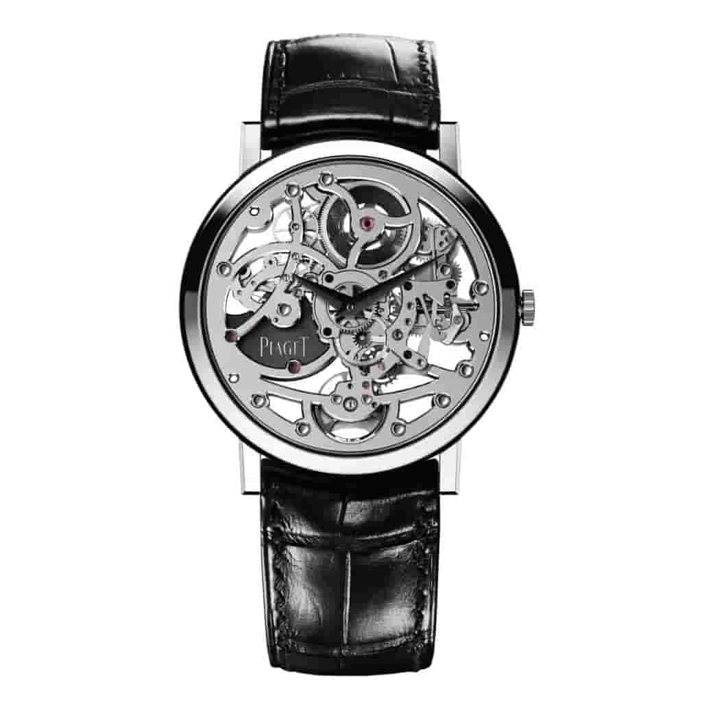 Piaget Altiplano watch with a black leather strap and silver case.