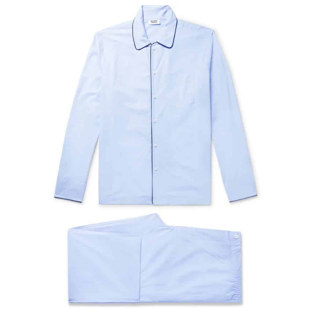 Sky blue button-up pajamas set.