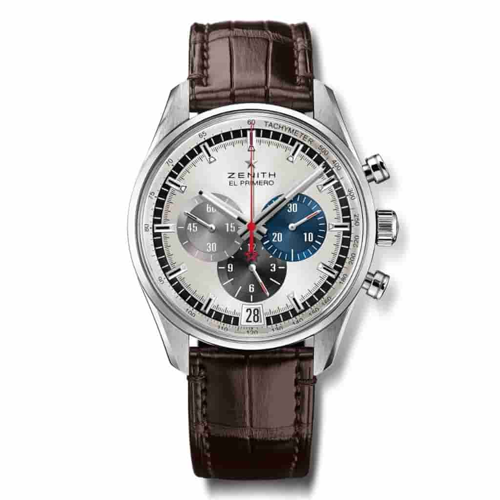 Zenith El Primero watch with a dark brown leather strap.