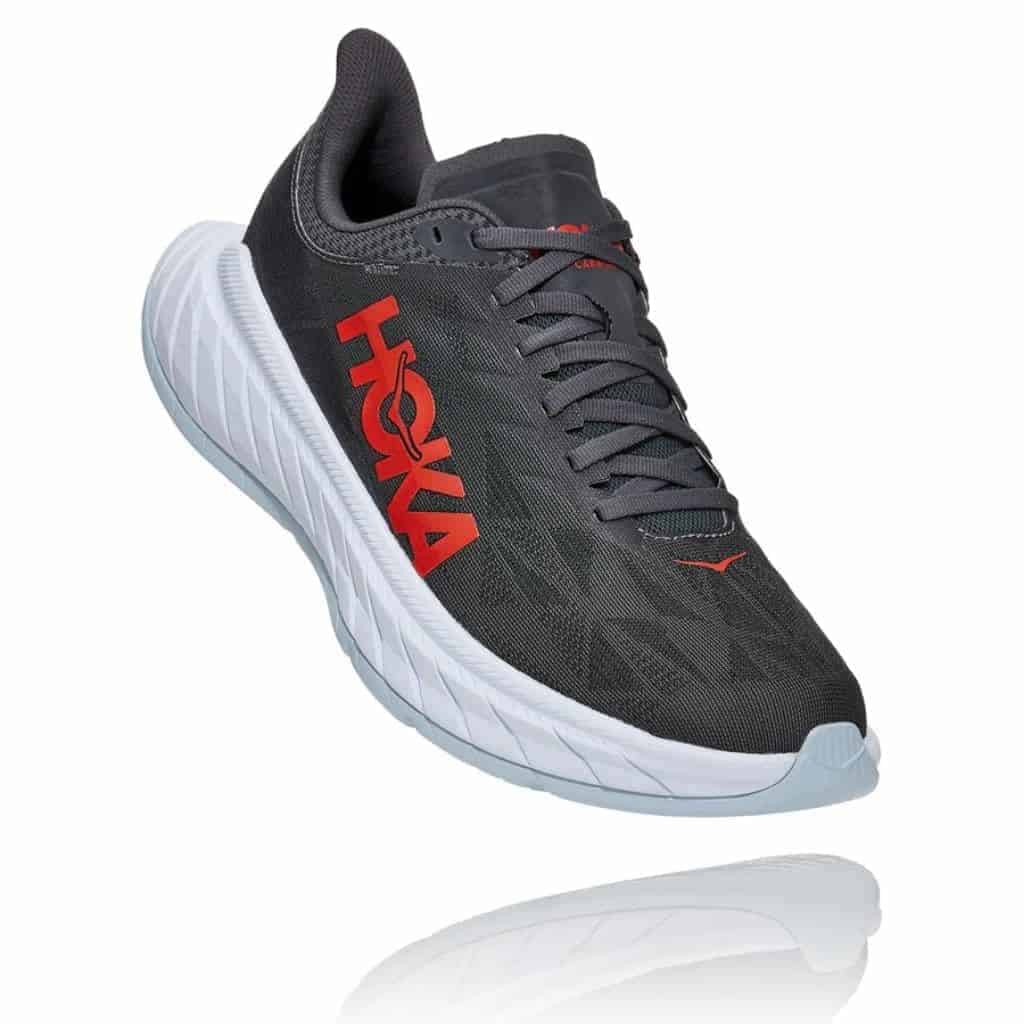 Black and red Hoka One One Carbon X2 running shoe.