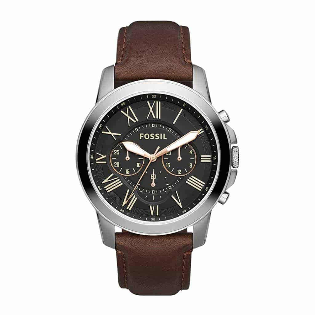 Fossil watch with a brown leather strap and silver metal case.