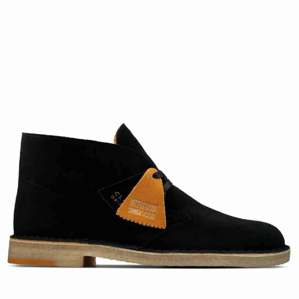 Clarks black suede desert boot.