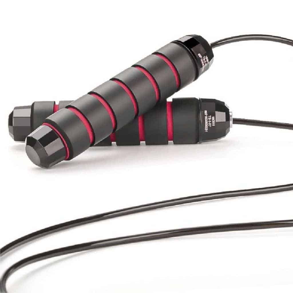 Black jump rope with red stripes on the handles.
