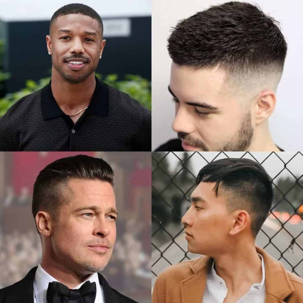 Four examples of different men's short haircuts.