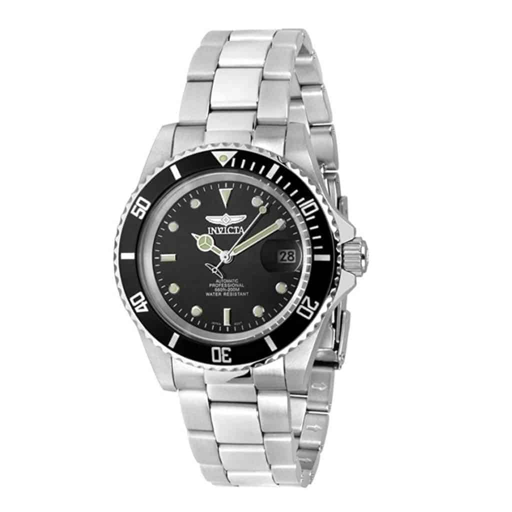 Silver metal Invicta watch with a black dial.