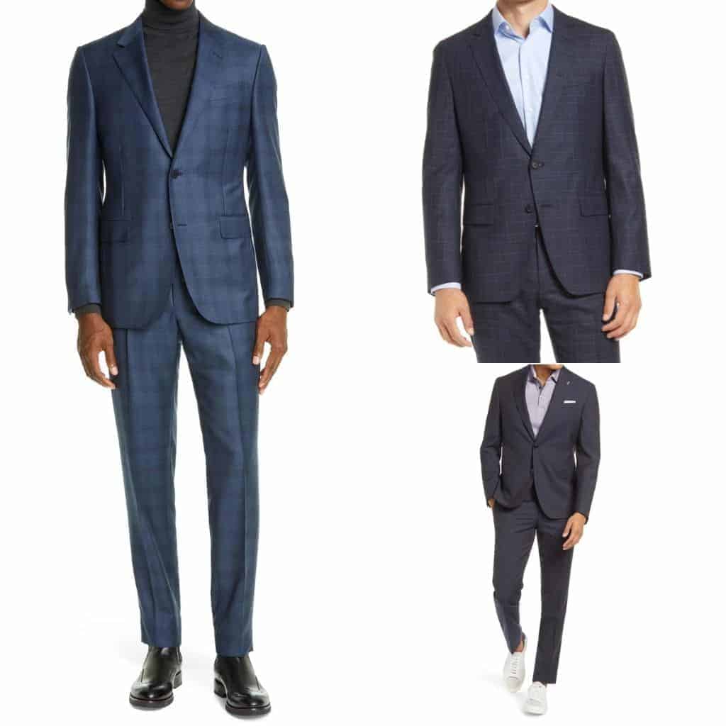 Three examples of a person wearing a suit without a tie.