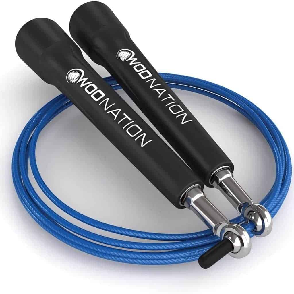 Blue jump rope with black handles.
