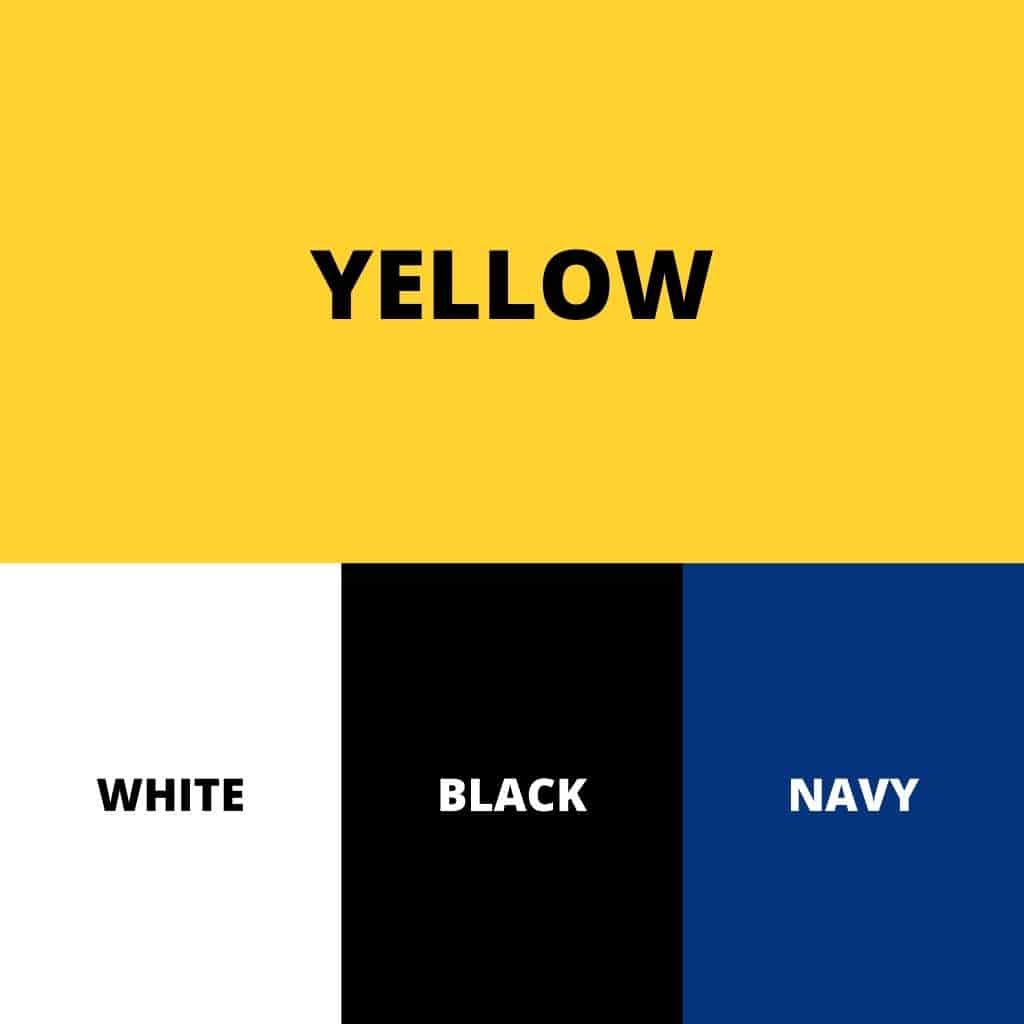 Yellow, white, black, and navy color palette.