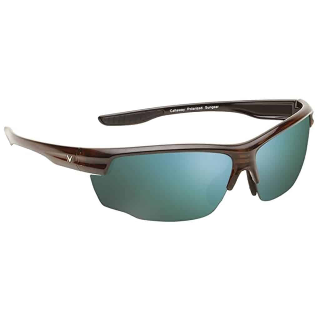 Callaway sunglasses with a brown frame and teal lenses.