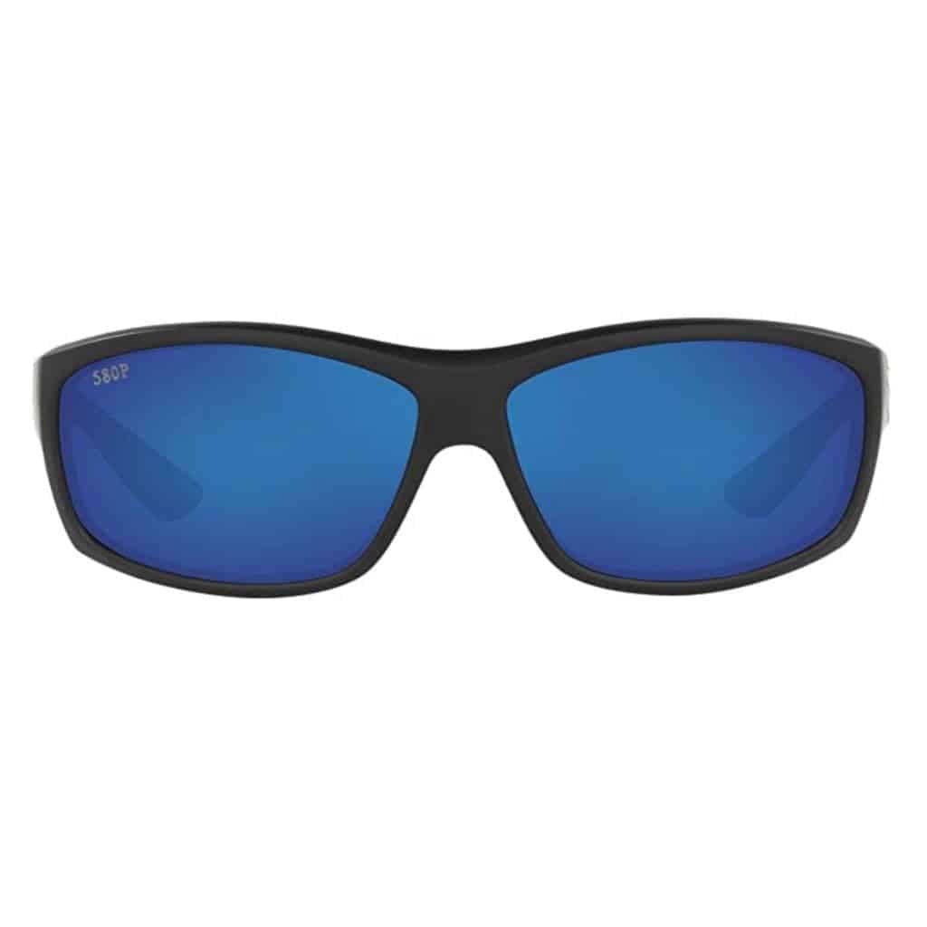 Black sunglasses with blue polarized lenses.