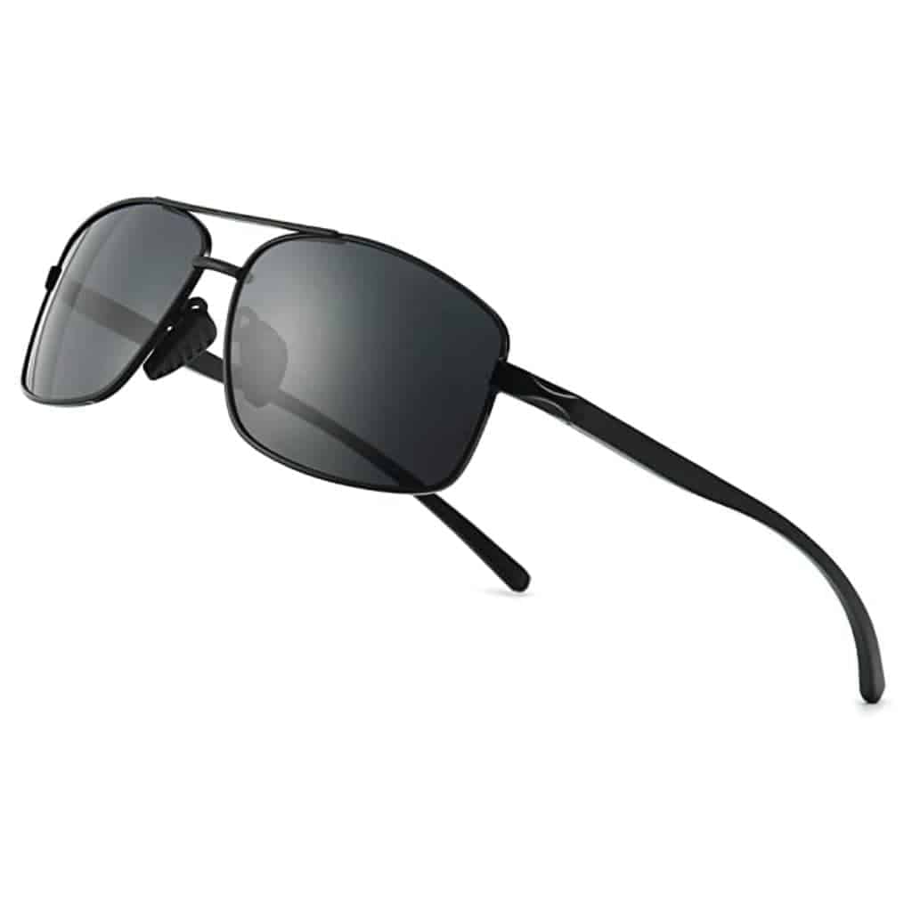 Black sunglasses with grey lenses.