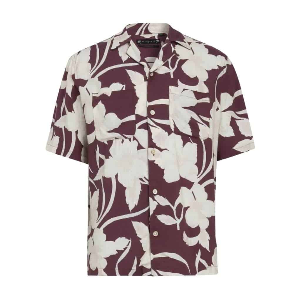 Red and white floral camp collar shirt.