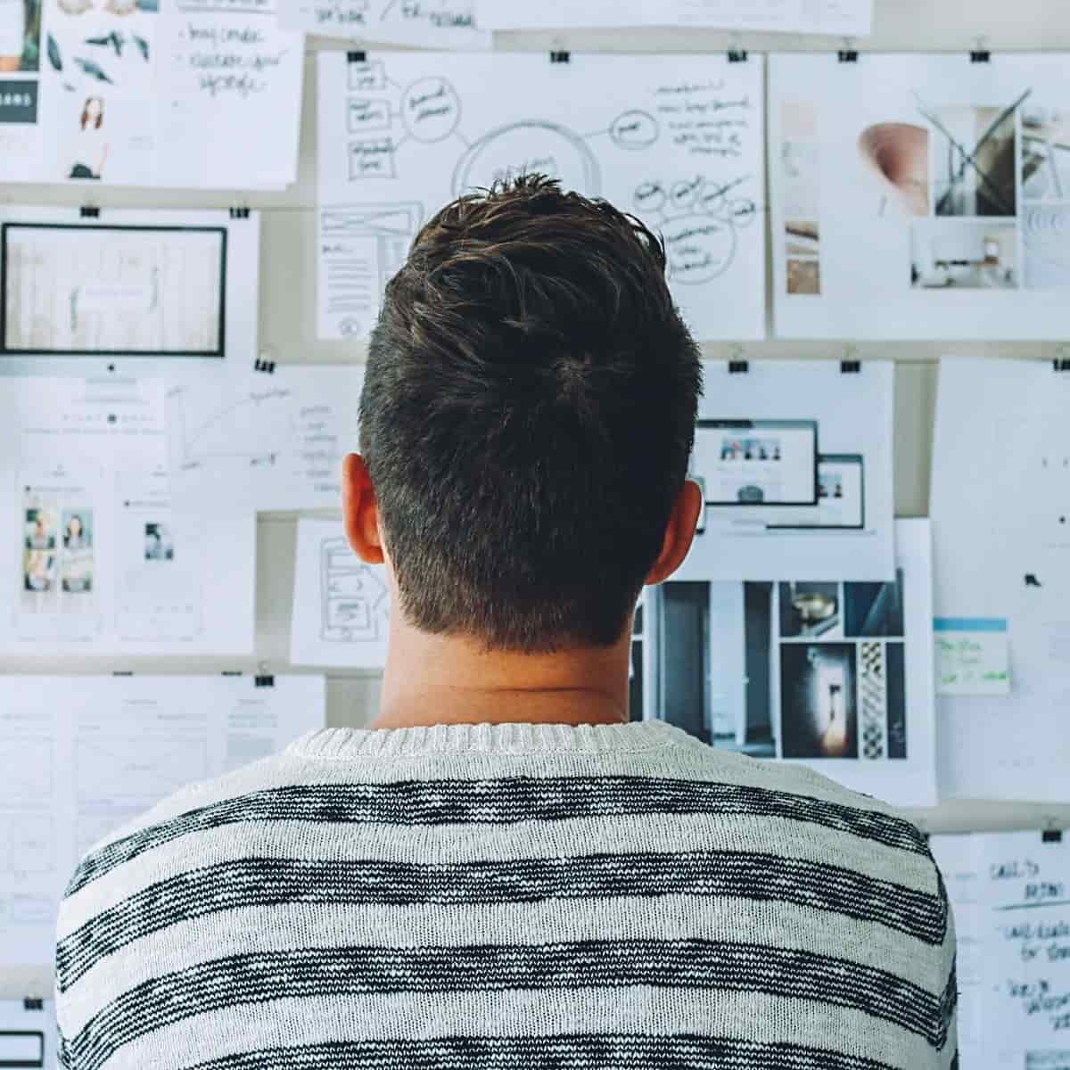 Back of a person looking at papers on a wall.