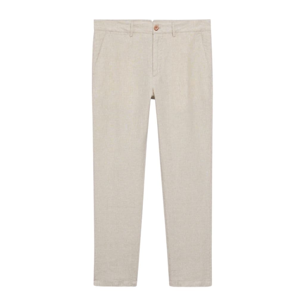 Beige linen pants.