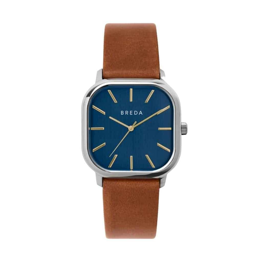 Brown leather strap square watch with a blue face.