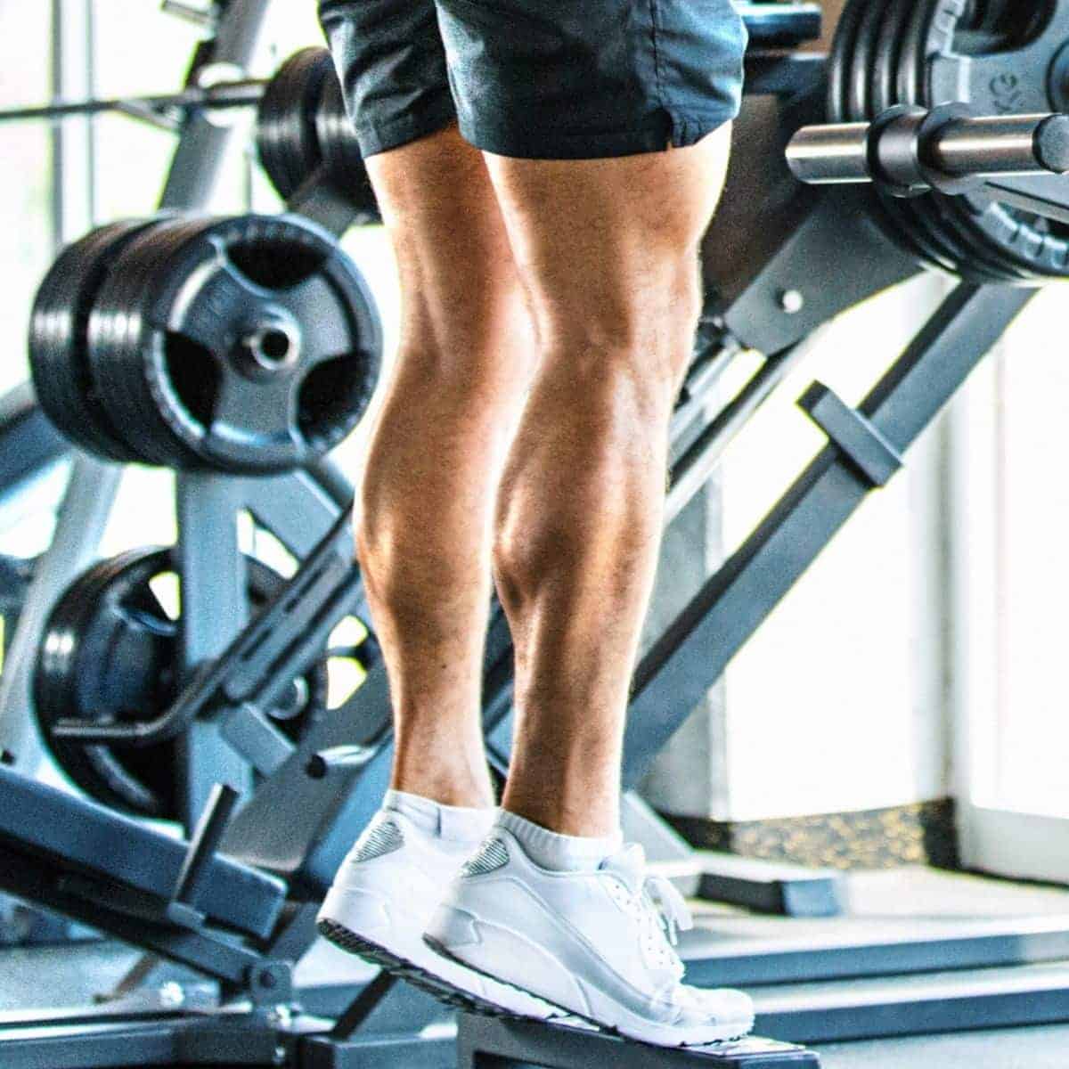 Close-up of a person doing calf raises in a gym.